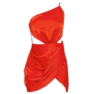 Orange One Shoulder Waist Cut Out Drape Skirt Bodycon Dress